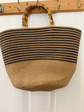 Tan & Black Straw Tote with Bamboo-Style Handles